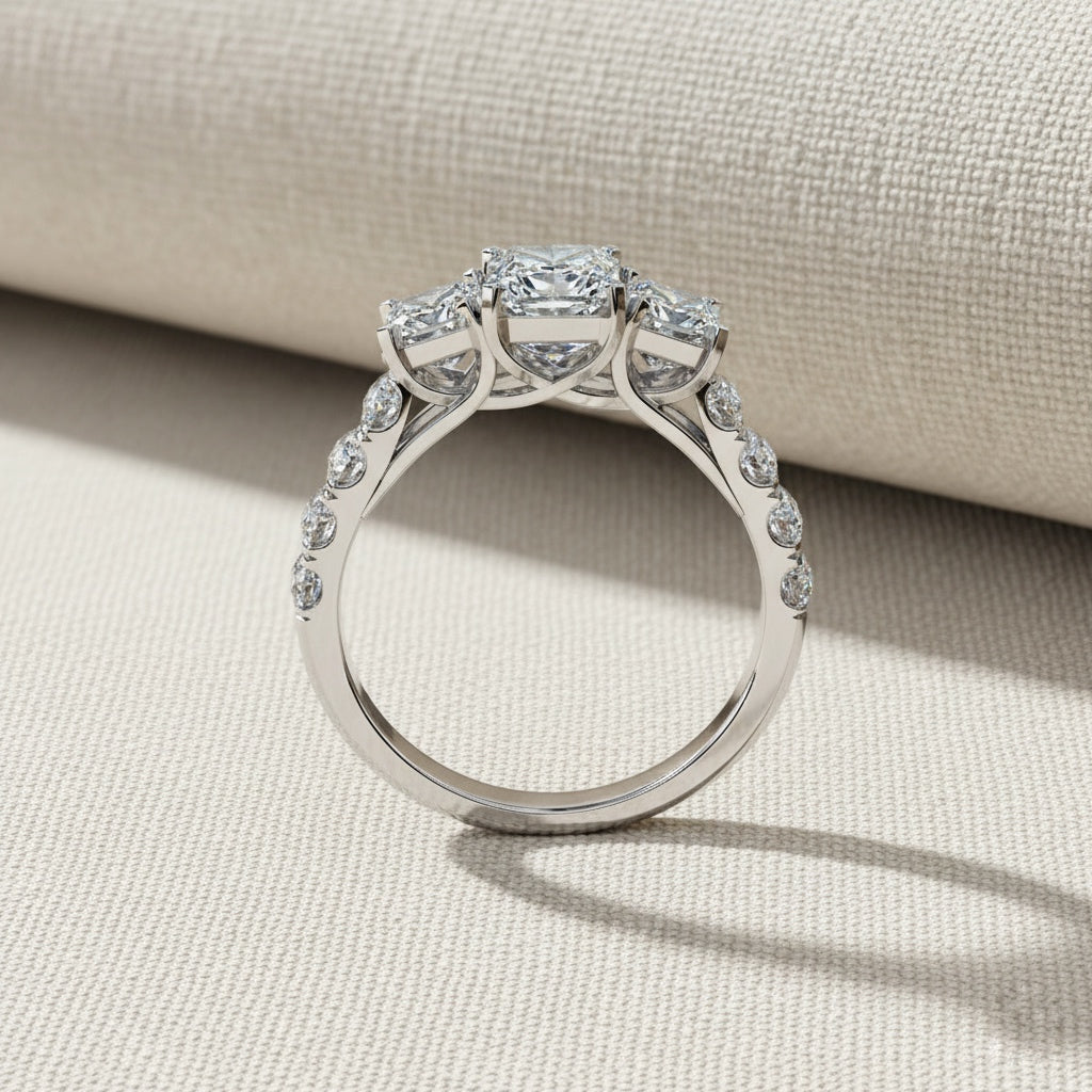 Three Stone Emerald Cut Diamond Ring – Engagement Ring with Side Accents – Classic 3 Stone Anniversary Ring – Lustraa’s Multi-Stone Ring