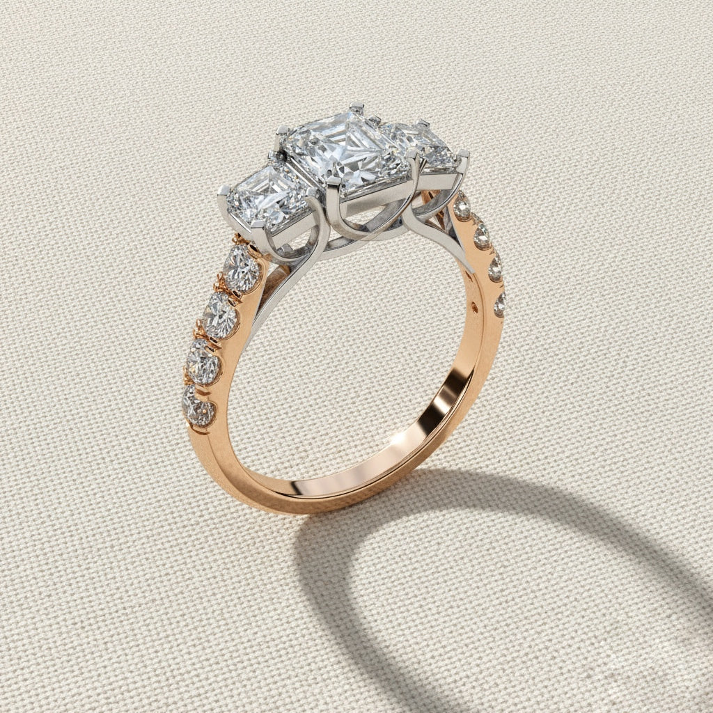 Three Stone Emerald Cut Diamond Ring – Engagement Ring with Side Accents – Classic 3 Stone Anniversary Ring – Lustraa’s Multi-Stone Ring