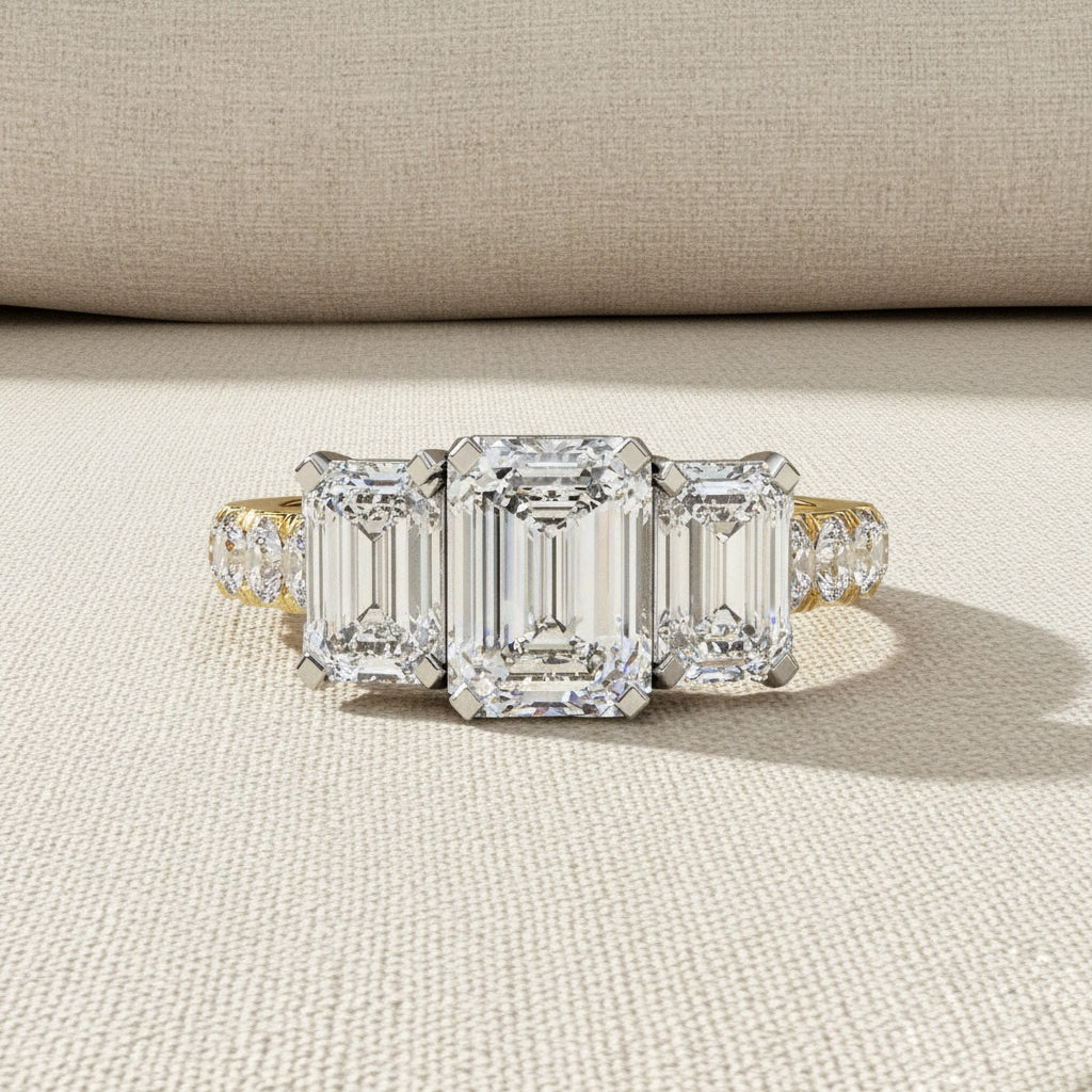 Three Stone Emerald Cut Diamond Ring – Engagement Ring with Side Accents – Classic 3 Stone Anniversary Ring – Lustraa’s Multi-Stone Ring
