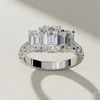 Three Stone Emerald Cut Diamond Ring – Engagement Ring with Side Accents – Classic 3 Stone Anniversary Ring – Lustraa’s Multi-Stone Ring