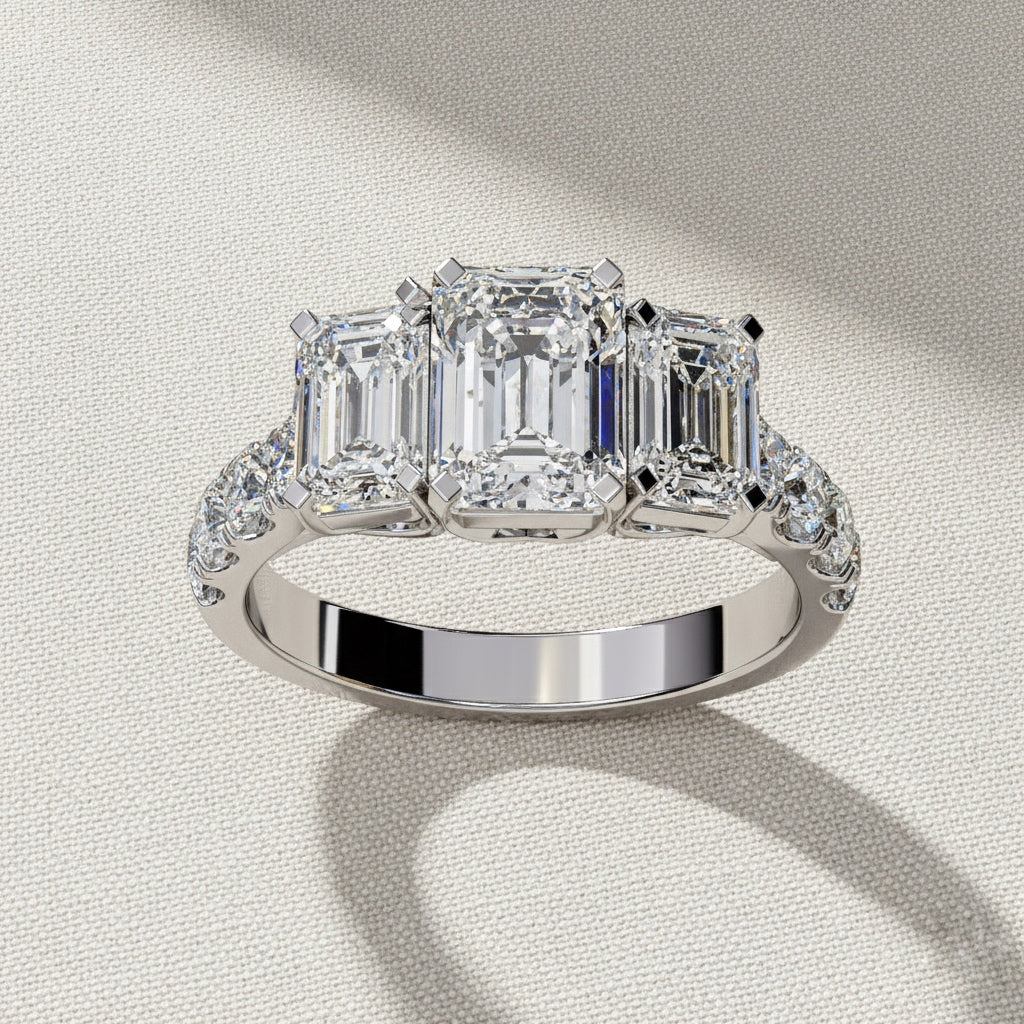 Three Stone Emerald Cut Diamond Ring – Engagement Ring with Side Accents – Classic 3 Stone Anniversary Ring – Lustraa’s Multi-Stone Ring