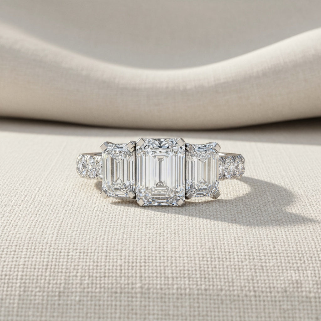 Three Stone Emerald Cut Diamond Ring – Engagement Ring with Side Accents – Classic 3 Stone Anniversary Ring – Lustraa’s Multi-Stone Ring