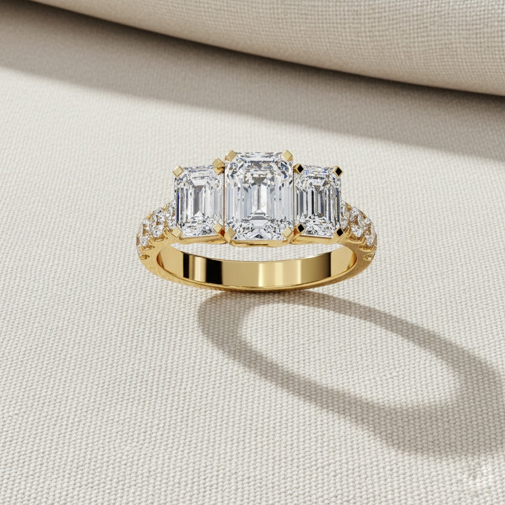 Three Stone Emerald Cut Diamond Ring – Engagement Ring with Side Accents – Classic 3 Stone Anniversary Ring – Lustraa’s Multi-Stone Ring