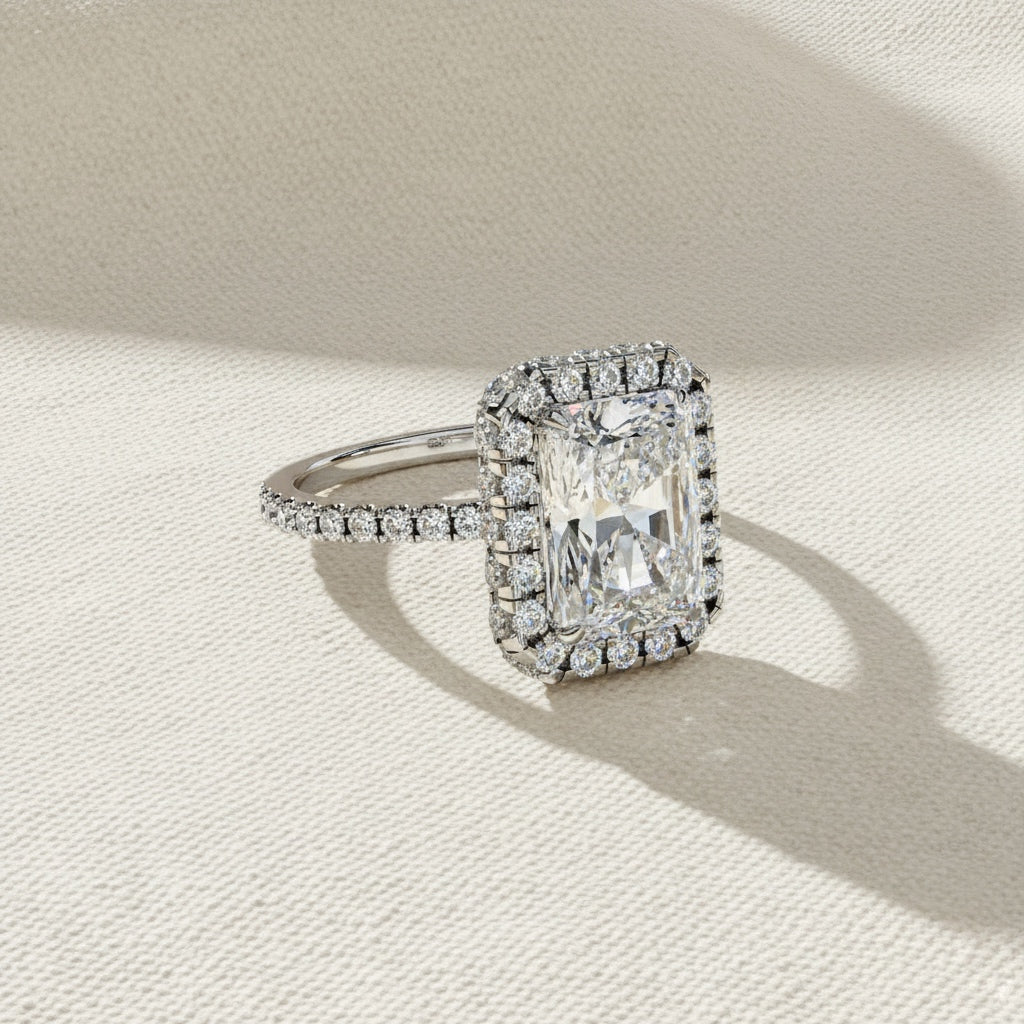 Radiant Cut Halo Diamond Ring –  Engagement Ring with Round Diamond Accents –  Luxury Statement Bridal Ring – Lustraa’s Halo Ring