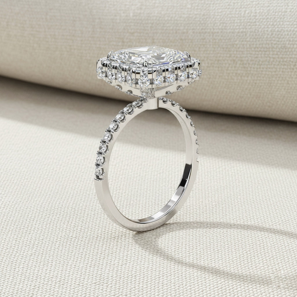 Radiant Cut Halo Diamond Ring –  Engagement Ring with Round Diamond Accents –  Luxury Statement Bridal Ring – Lustraa’s Halo Ring