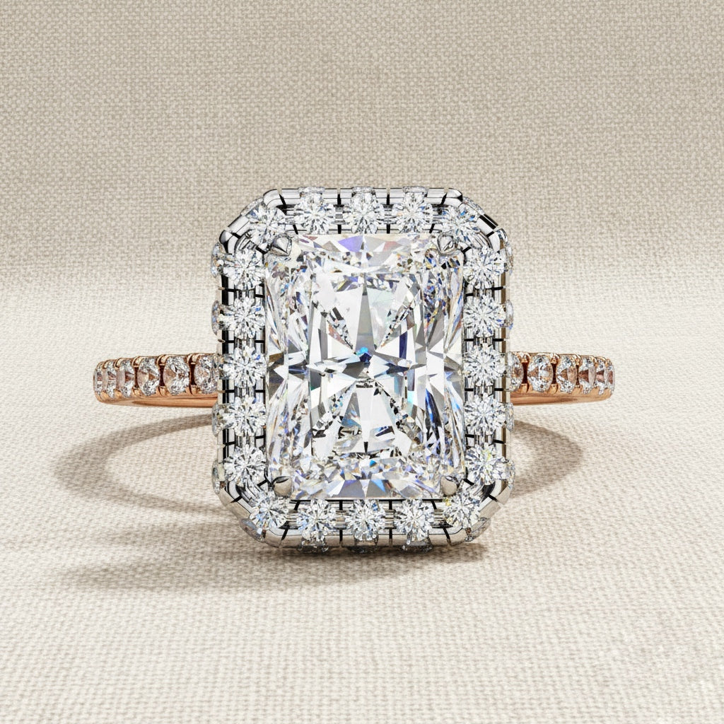 Radiant Cut Halo Diamond Ring –  Engagement Ring with Round Diamond Accents –  Luxury Statement Bridal Ring – Lustraa’s Halo Ring