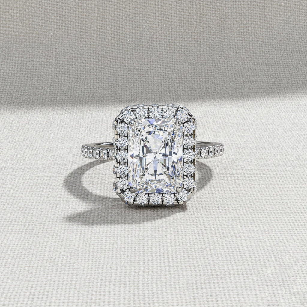 Radiant Cut Halo Diamond Ring –  Engagement Ring with Round Diamond Accents –  Luxury Statement Bridal Ring – Lustraa’s Halo Ring