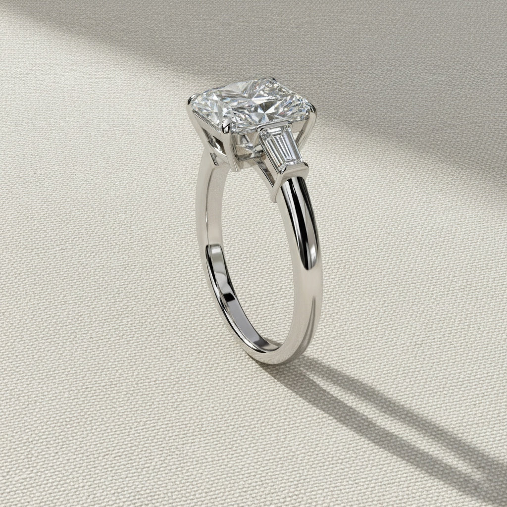 Radiant Cut Lab Grown Diamond Engagement Ring – 2.47 CT Three Stone Bridal Ring with Baguette Side Diamonds -Lustraa’s Three Stone Ring