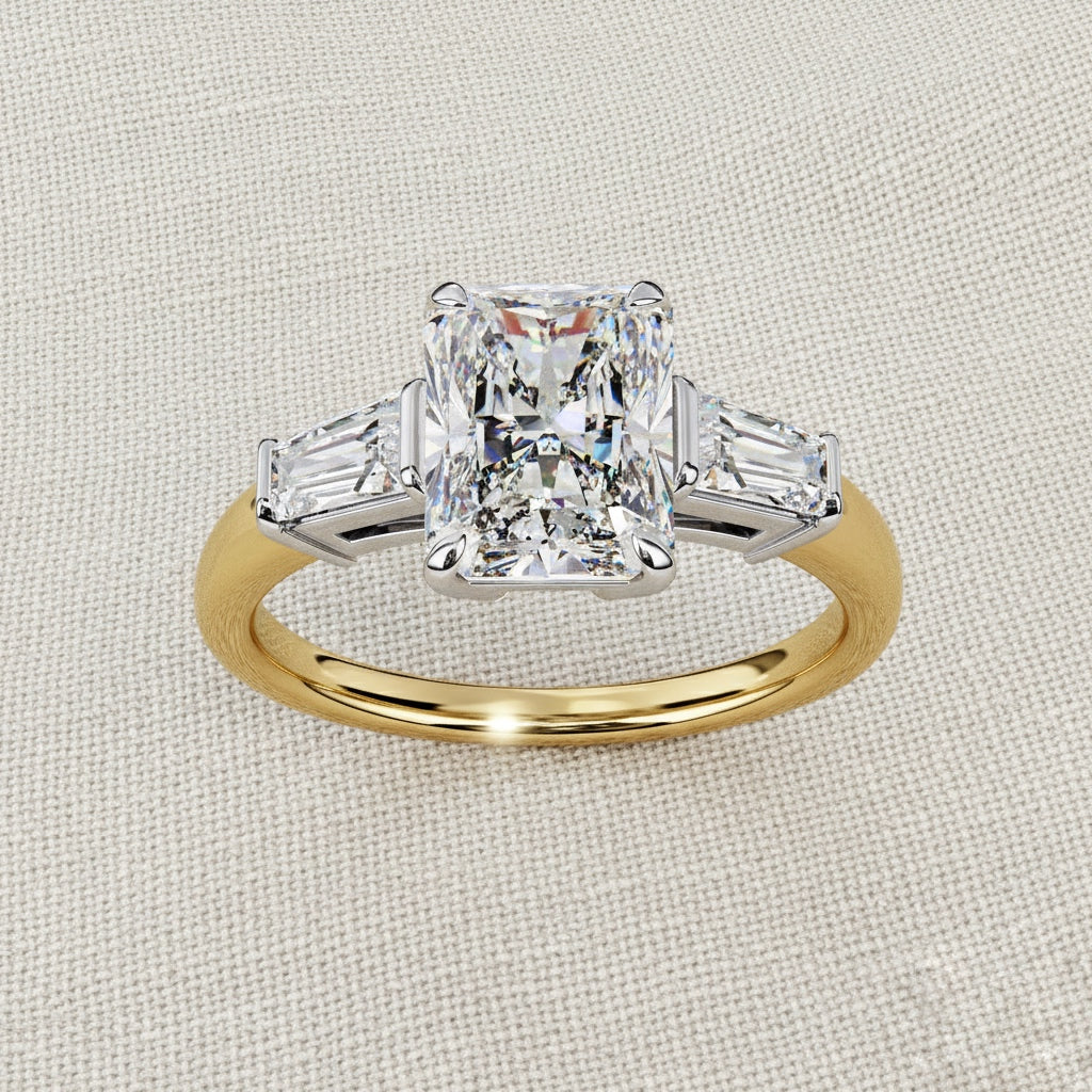 Radiant Cut Lab Grown Diamond Engagement Ring – 2.47 CT Three Stone Bridal Ring with Baguette Side Diamonds -Lustraa’s Three Stone Ring
