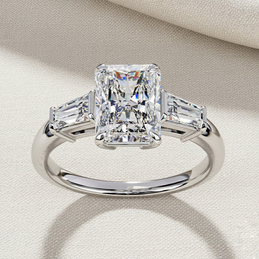 Radiant Cut Lab Grown Diamond Engagement Ring – 2.47 CT Three Stone Bridal Ring with Baguette Side Diamonds -Lustraa’s Three Stone Ring