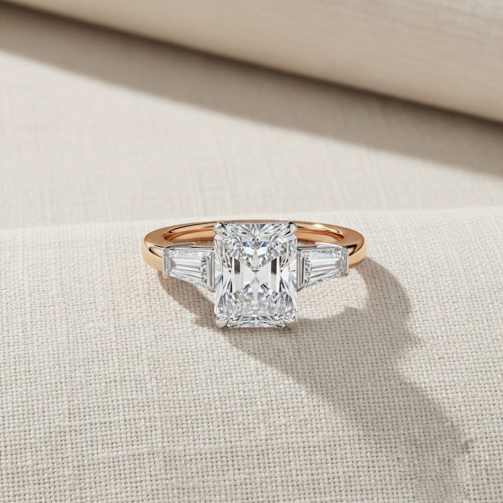 Radiant Cut Lab Grown Diamond Engagement Ring – 2.47 CT Three Stone Bridal Ring with Baguette Side Diamonds -Lustraa’s Three Stone Ring