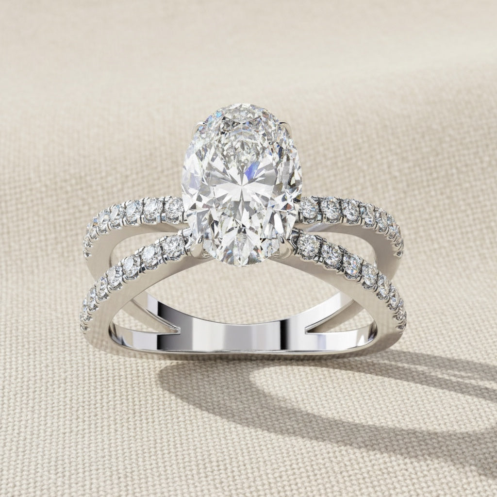 Oval Diamond Engagement Ring – 1.2 CT Lab Grown Hidden Halo Ring with Criss Cross Band- Lustraa’s Criss Cross Ring
