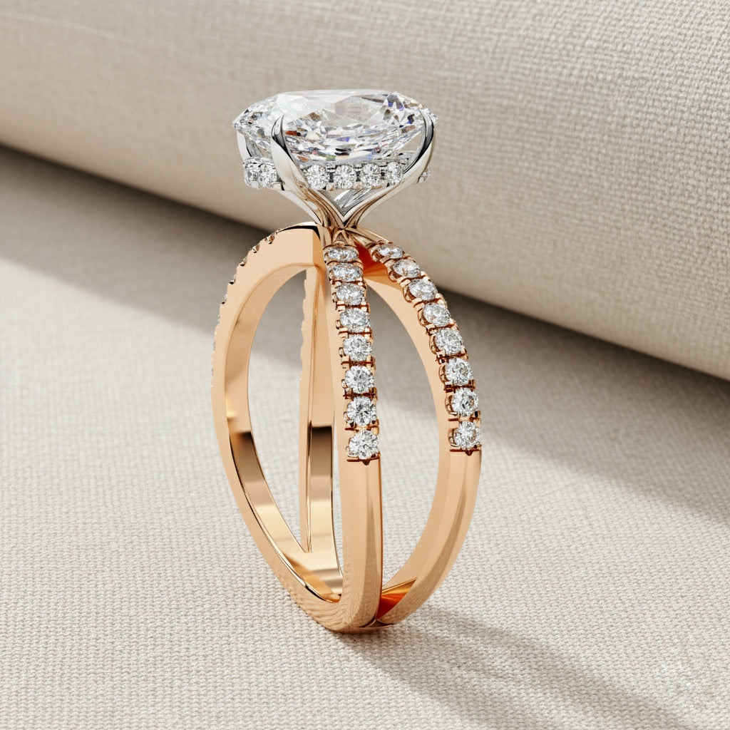 Oval Diamond Engagement Ring – 1.2 CT Lab Grown Hidden Halo Ring with Criss Cross Band- Lustraa’s Criss Cross Ring