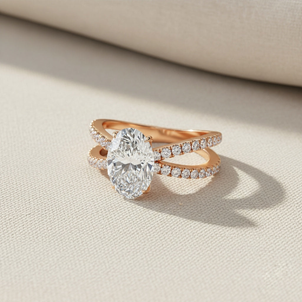 Oval Diamond Engagement Ring – 1.2 CT Lab Grown Hidden Halo Ring with Criss Cross Band- Lustraa’s Criss Cross Ring