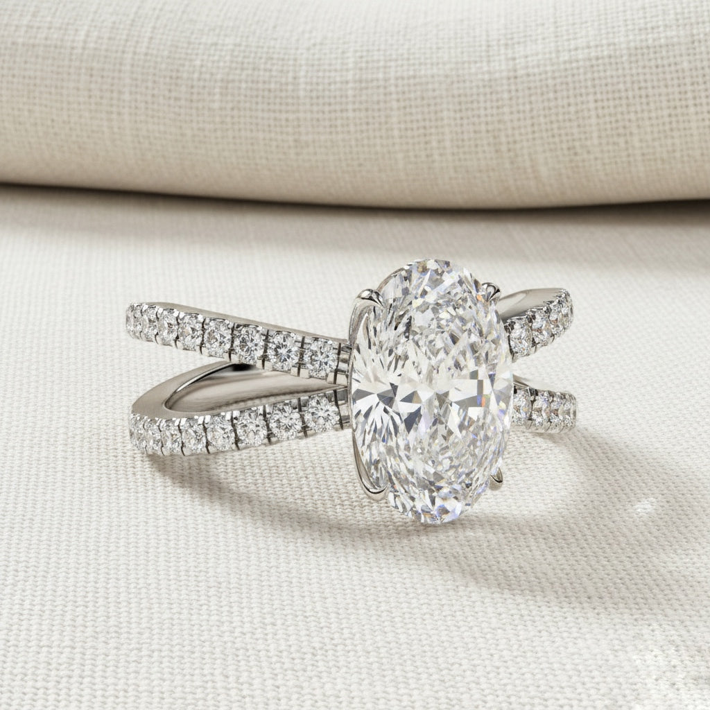 Oval Diamond Engagement Ring – 1.2 CT Lab Grown Hidden Halo Ring with Criss Cross Band- Lustraa’s Criss Cross Ring