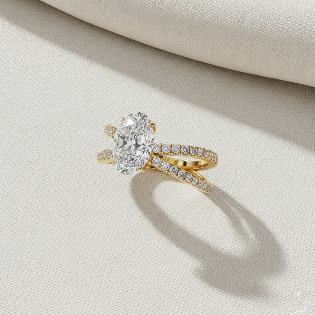Oval Diamond Engagement Ring – 1.2 CT Lab Grown Hidden Halo Ring with Criss Cross Band- Lustraa’s Criss Cross Ring