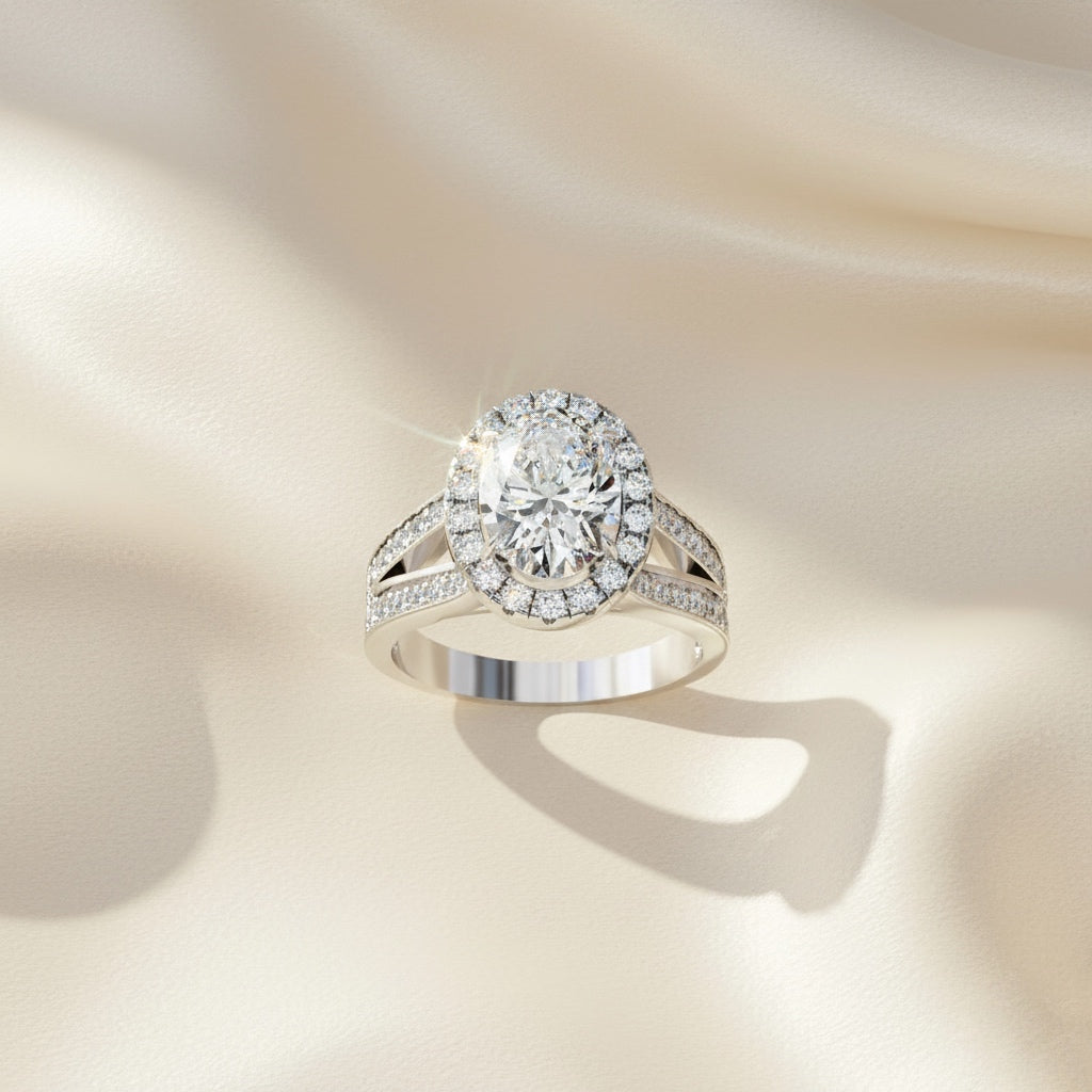 Oval Halo Diamond Ring – Split Shank Engagement Ring – Round Diamond Accent Bridal Jewelry – Lustraa’s Halo Ring