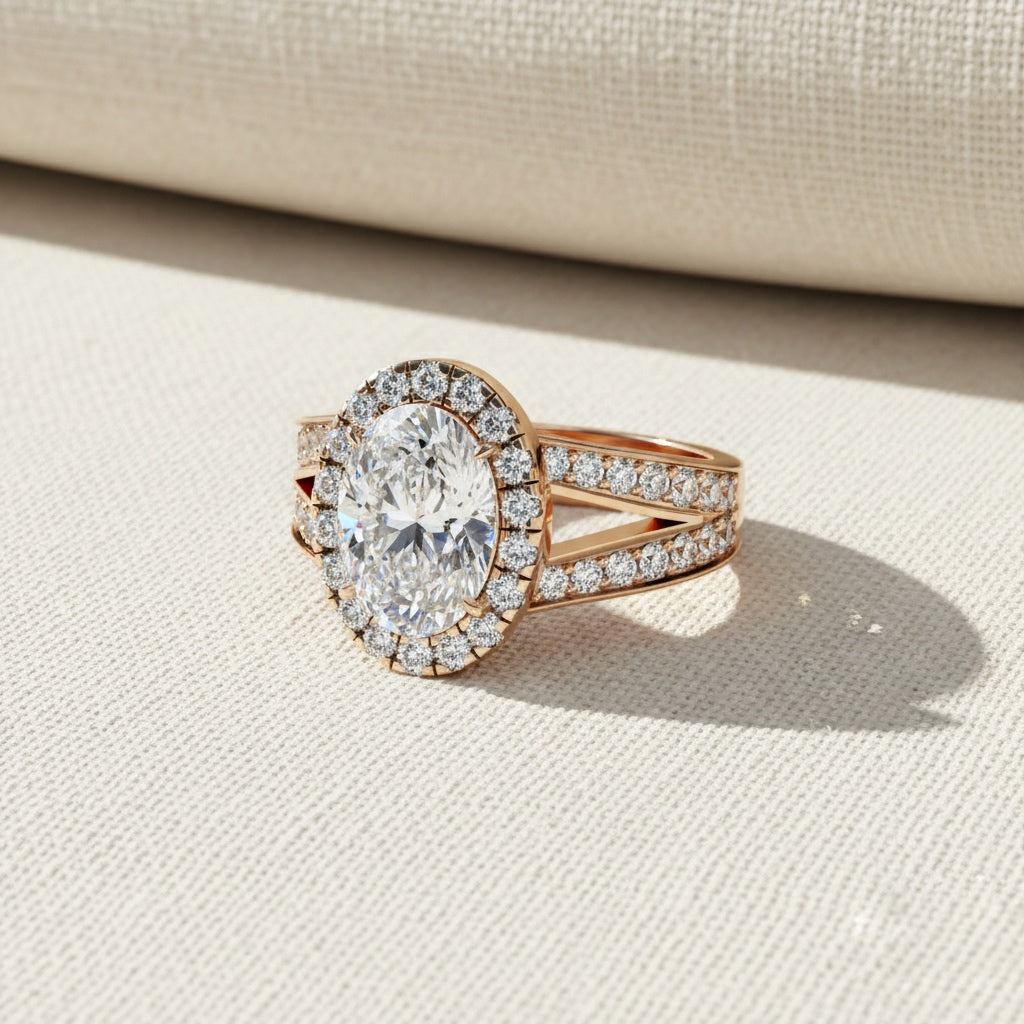 Oval Halo Diamond Ring – Split Shank Engagement Ring – Round Diamond Accent Bridal Jewelry – Lustraa’s Halo Ring