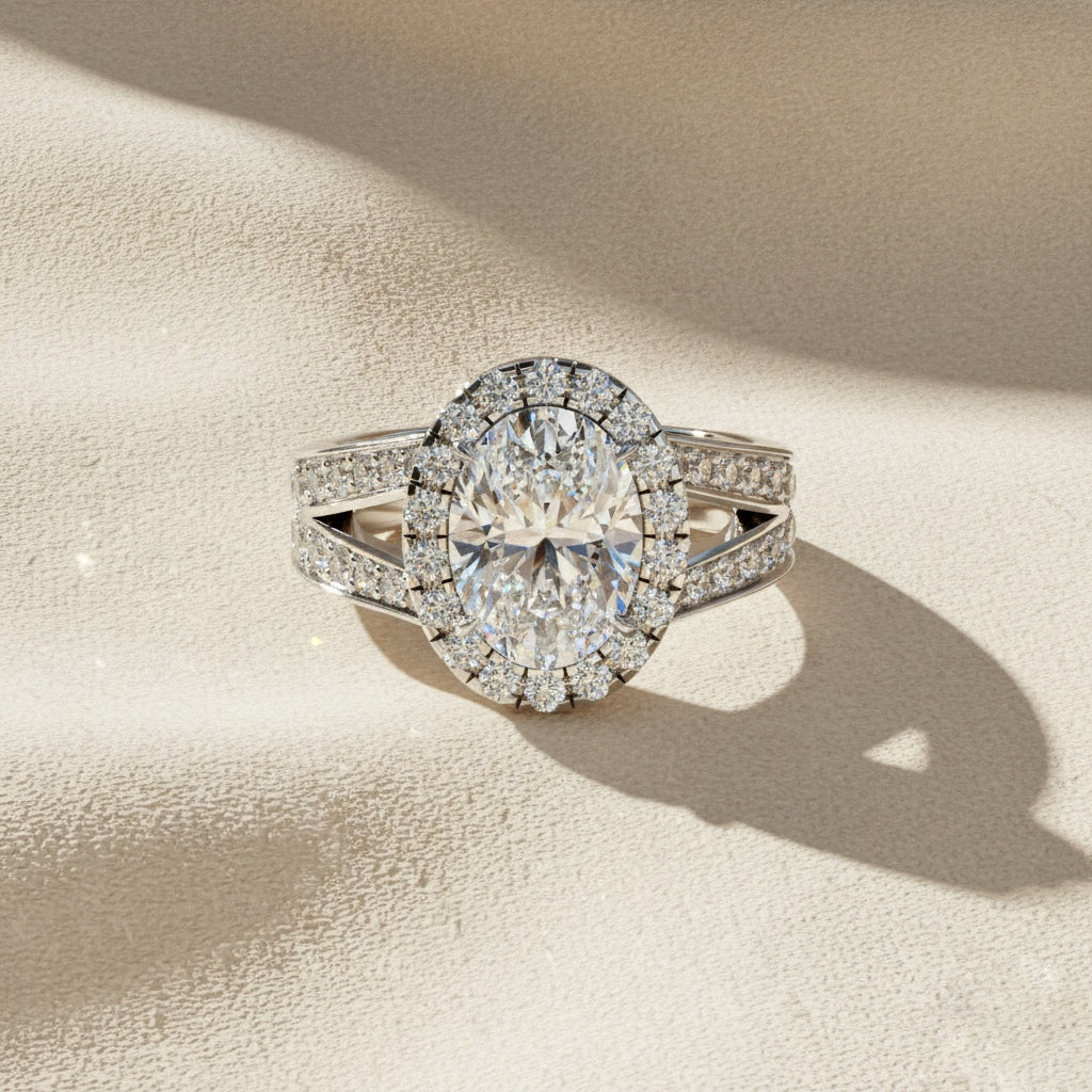 Oval Halo Diamond Ring – Split Shank Engagement Ring – Round Diamond Accent Bridal Jewelry – Lustraa’s Halo Ring