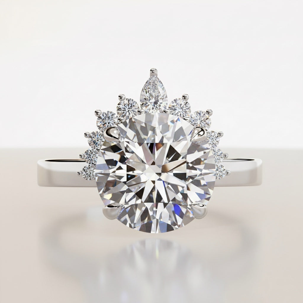 Round Cut Halo Engagement Ring – 3.31 Ct Lab Grown Diamond with Pear & Round Accents – Classic Diamond Halo Ring– Lustraa’s Halo Ring