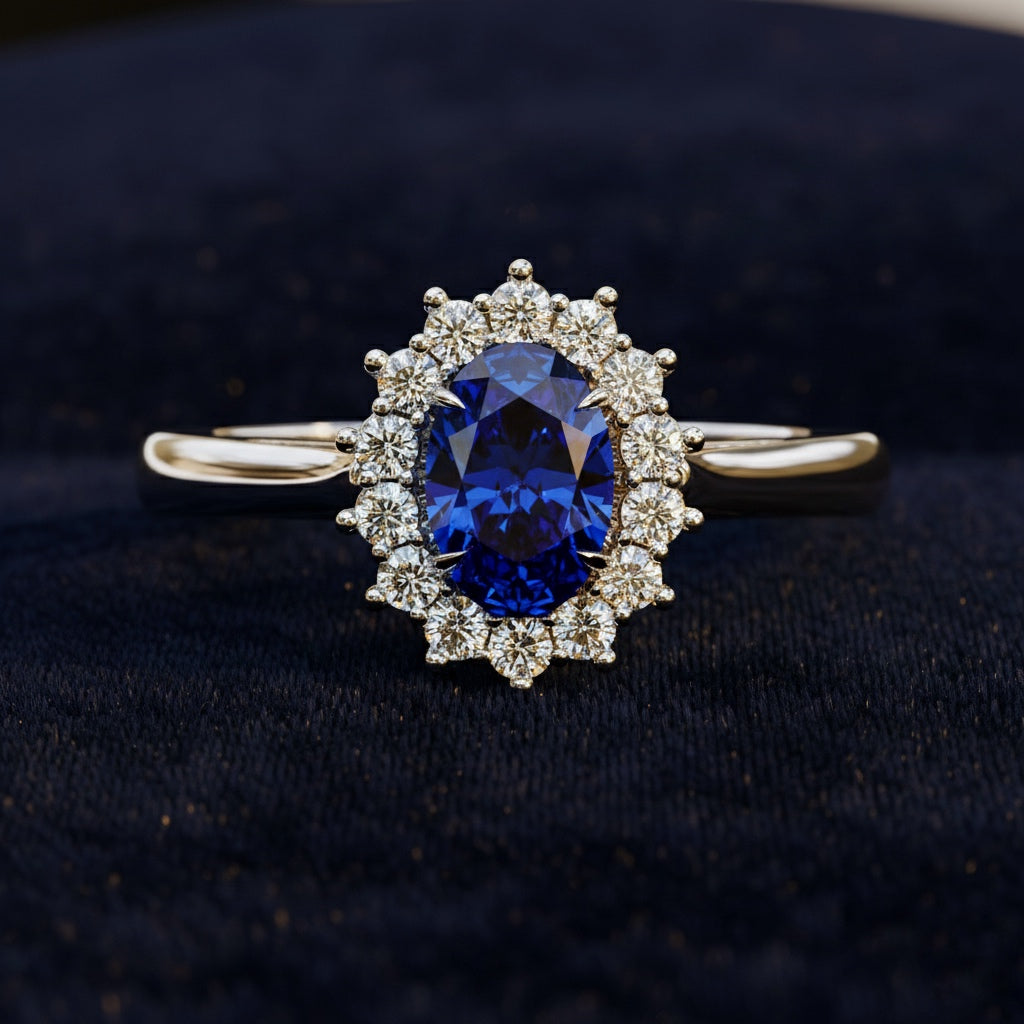 Blue Oval Cut Halo Engagement Ring – 0.45 CT Blue Oval Diamond Halo band – Unique Colored Diamond Ring – Lustraa’s Halo Ring