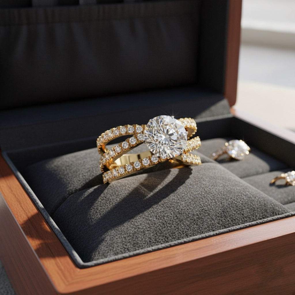 Round Cut Diamond Criss Cross Ring – 0.81 CT Center with Side Round Accents – Unique Multi Band Statement Ring– Lustraa’s Criss Cross Ring