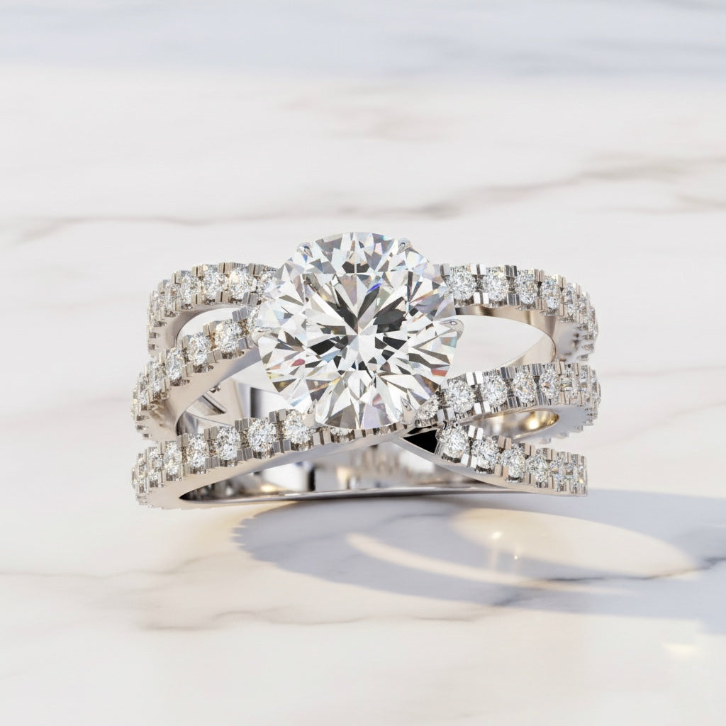 Round Cut Diamond Criss Cross Ring – 0.81 CT Center with Side Round Accents – Unique Multi Band Statement Ring– Lustraa’s Criss Cross Ring