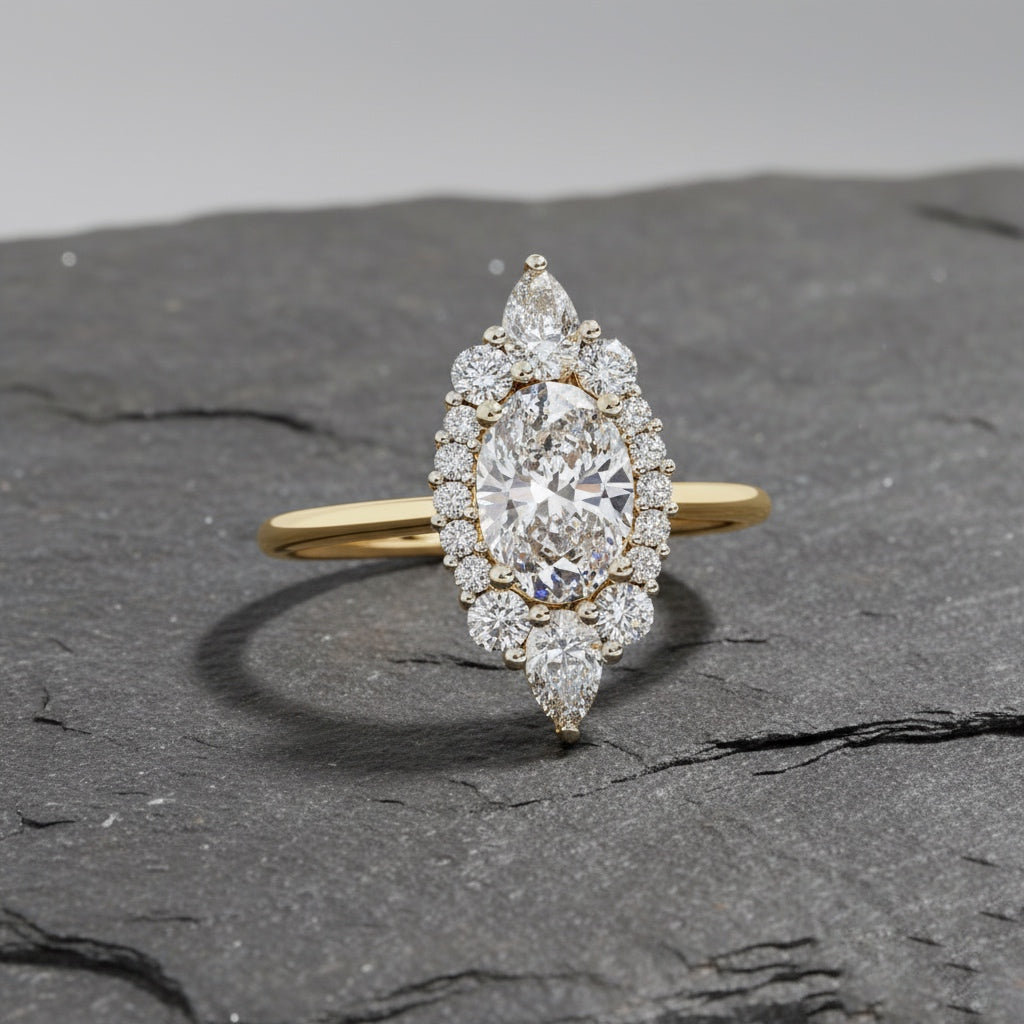 Oval Halo Diamond Cluster Engagement Ring – 0.66 CT Oval Cut with Round & Pear Diamond Bridal Jewelry– Lustraa’s Halo Ring