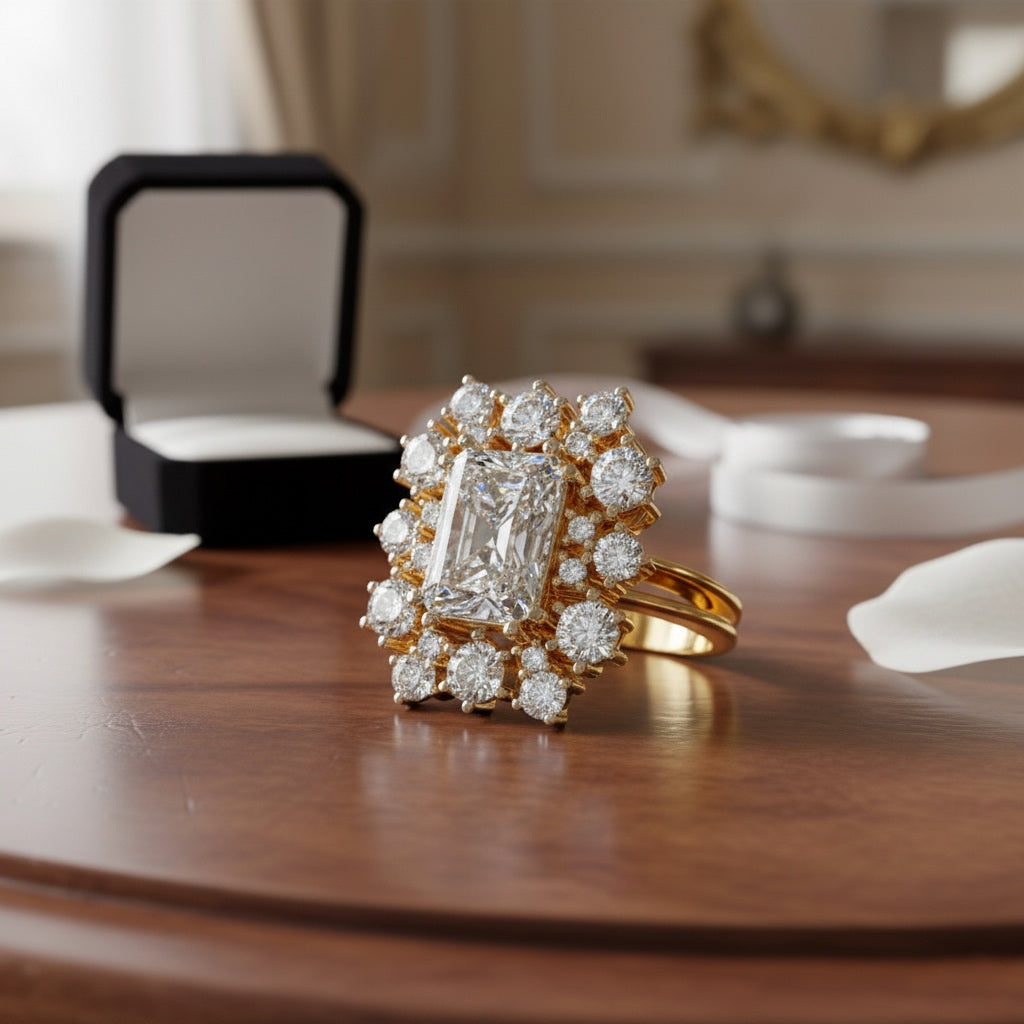 Radiant Cut Halo Diamond Ring – Round Diamond Cluster Statement Ring – Luxury Bridal Engagement Jewelry – Lustraa’s Halo Ring