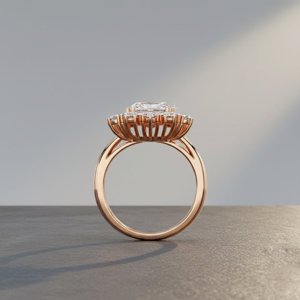 Radiant Cut Halo Diamond Ring – Round Diamond Cluster Statement Ring – Luxury Bridal Engagement Jewelry – Lustraa’s Halo Ring