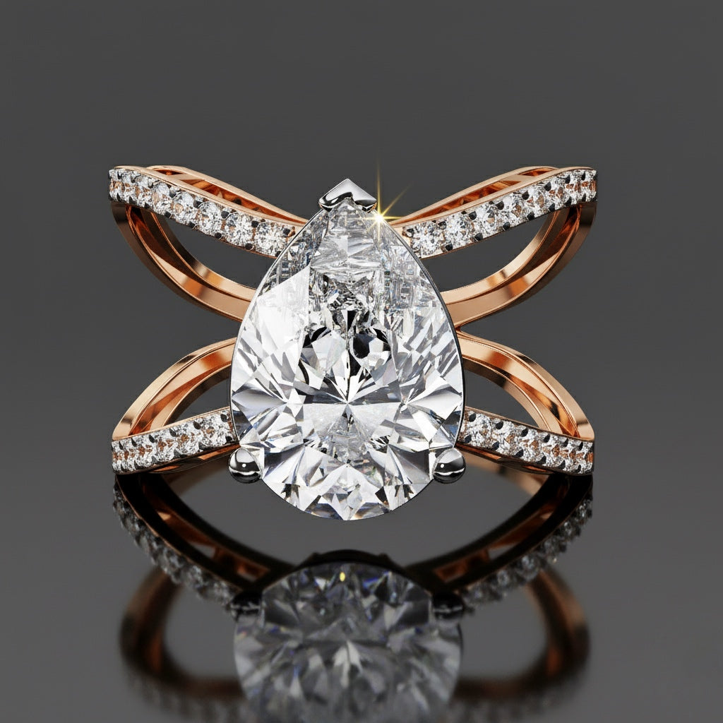 Pear Diamond Split Shank Ring– Criss Cross Engagement Ring with Accent Round Diamonds– Unique Statement Bridal Jewelry–Lustraa’s Bridal Ring