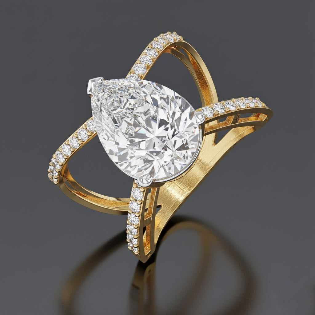 Pear Diamond Split Shank Ring– Criss Cross Engagement Ring with Accent Round Diamonds– Unique Statement Bridal Jewelry–Lustraa’s Bridal Ring