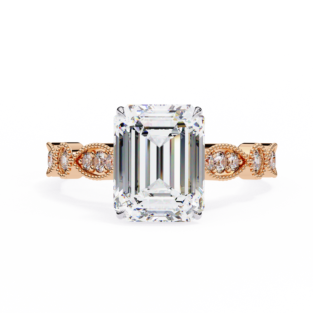 Emerald Cut Lab Grown Diamond Engagement Ring – 2.56 CT Bridal Ring with Milgrain Marquise and Round Band- Lustraa’s Milgrain Ring