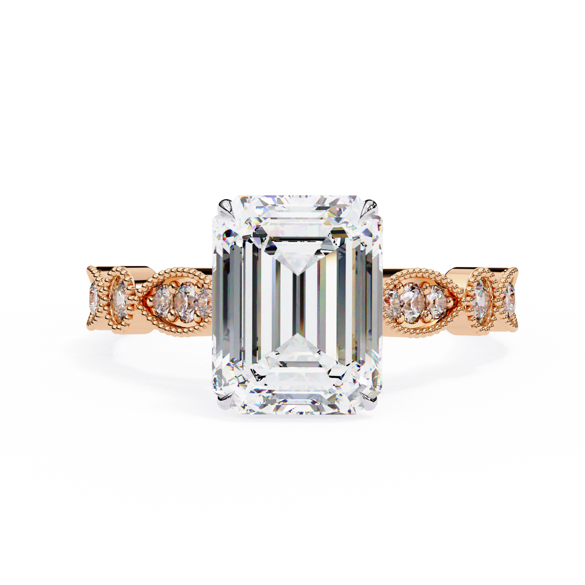 Emerald Cut Lab Grown Diamond Engagement Ring – 2.56 CT Bridal Ring with Milgrain Marquise and Round Band- Lustraa’s Milgrain Ring