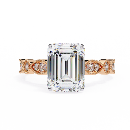 2.56 Carat Emerald Cut Lab Grown Diamond Ring – Elegant Engagement Ring with Milgrain Marquise and Round Shaped Band- Lustraa’s Milgrain Ring