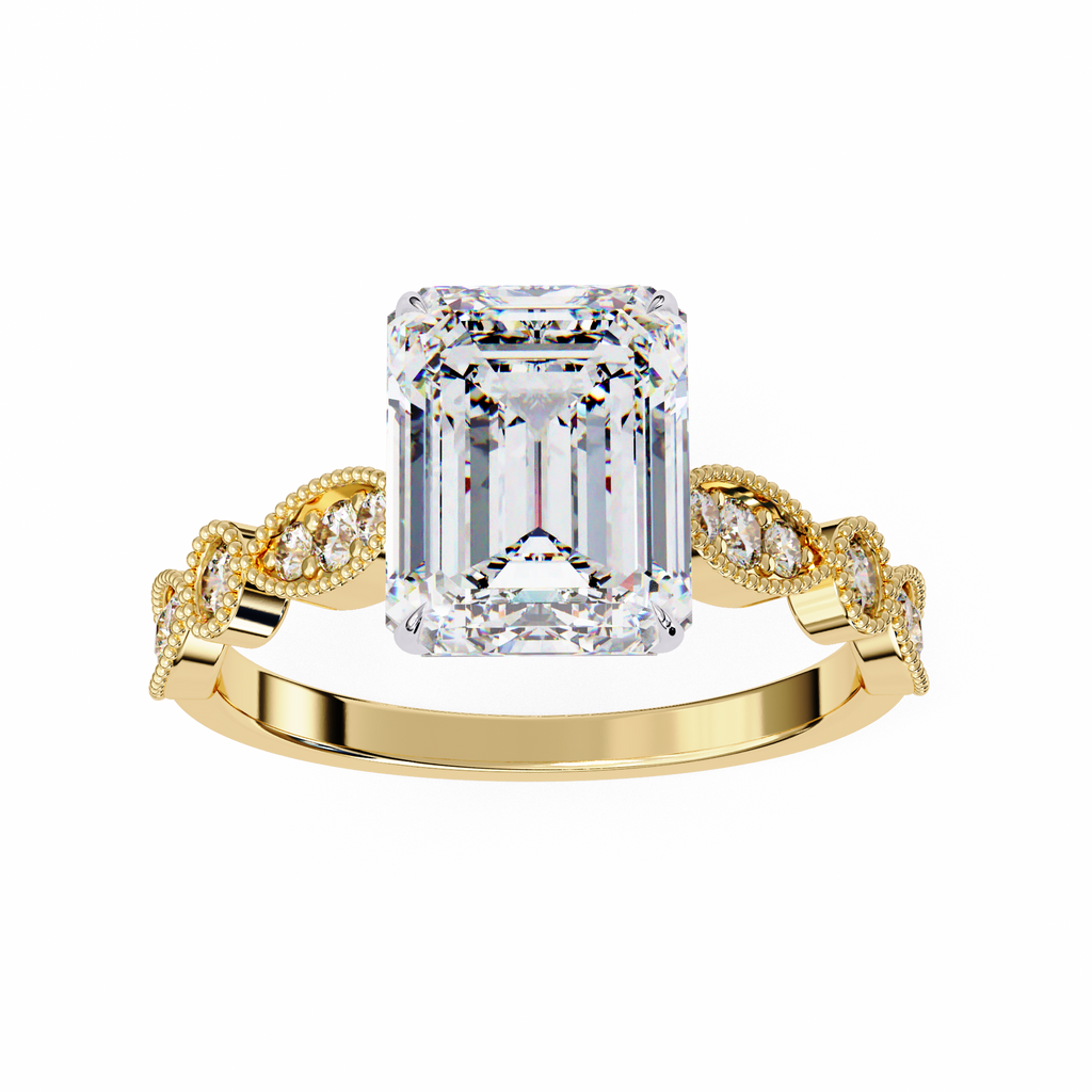 Emerald Cut Lab Grown Diamond Engagement Ring – 2.56 CT Bridal Ring with Milgrain Marquise and Round Band- Lustraa’s Milgrain Ring