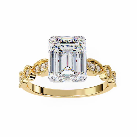 2.56 Carat Emerald Cut Lab Grown Diamond Ring – Elegant Engagement Ring with Milgrain Marquise and Round Shaped Band- Lustraa’s Milgrain Ring