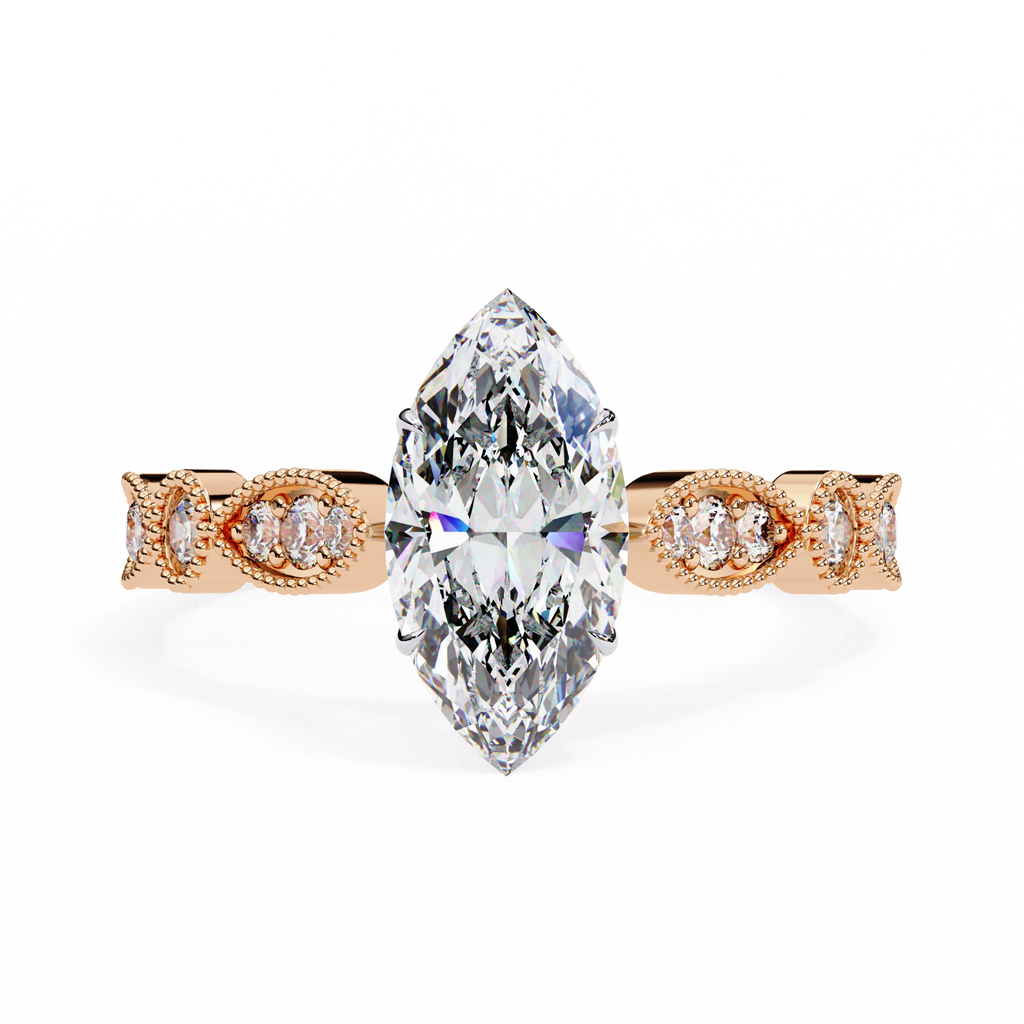 Marquise Cut Lab Grown Diamond Engagement Ring – 0.8 CT Bridal Ring with Milgrain Marquise and Round Band- Lustraa’s Milgrain Ring