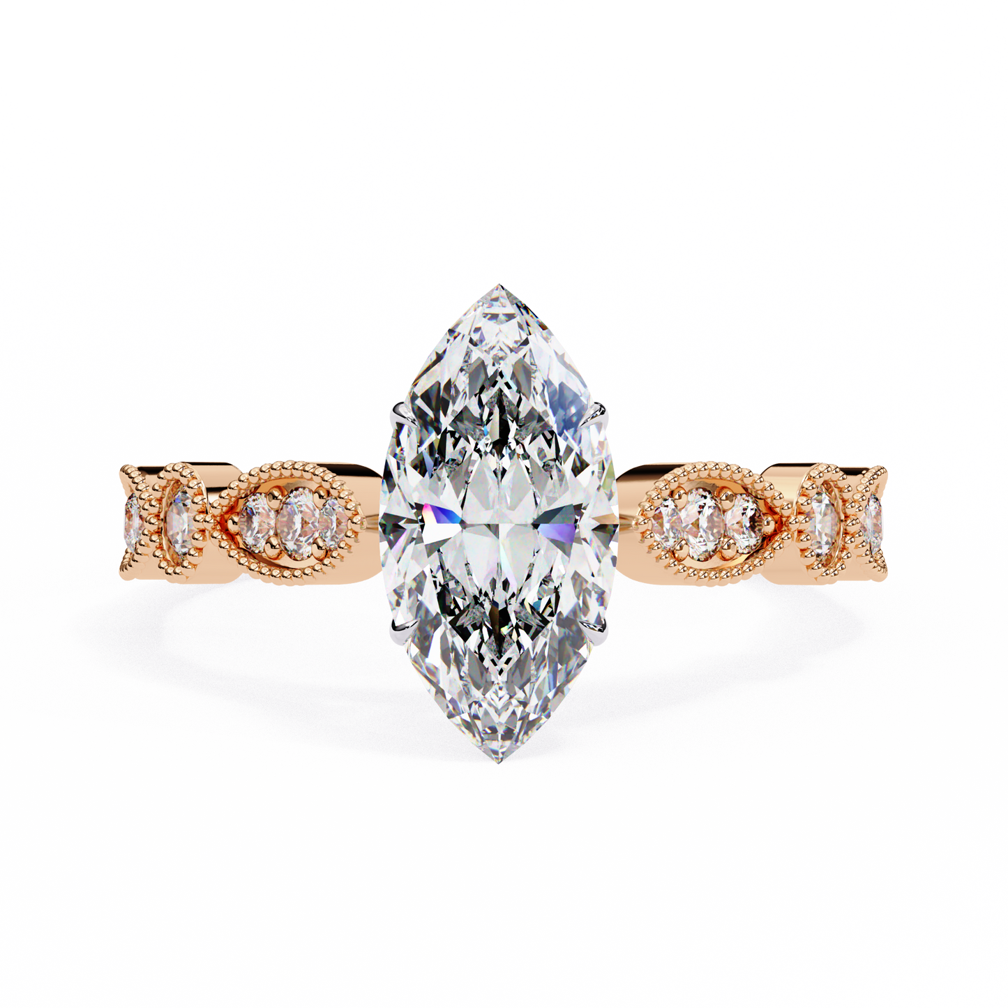 0.82 Carat Marquise Cut Lab Grown Diamond Ring – Elegant Engagement Ring with Milgrain Marquise and Round Shaped Band- Lustraa’s Milgrain Ring