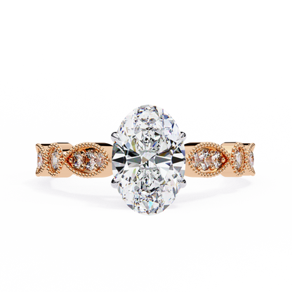 1.20 Carat Oval Cut Lab Grown Diamond Ring – Elegant Engagement Ring with Milgrain Marquise and Round Shaped Band- Lustraa’s Milgrain Ring