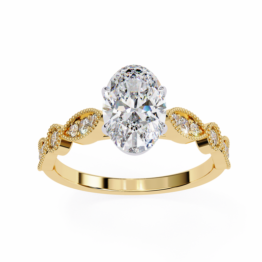 1.20 Carat Oval Cut Lab Grown Diamond Ring – Elegant Engagement Ring with Milgrain Marquise and Round Shaped Band- Lustraa’s Milgrain Ring