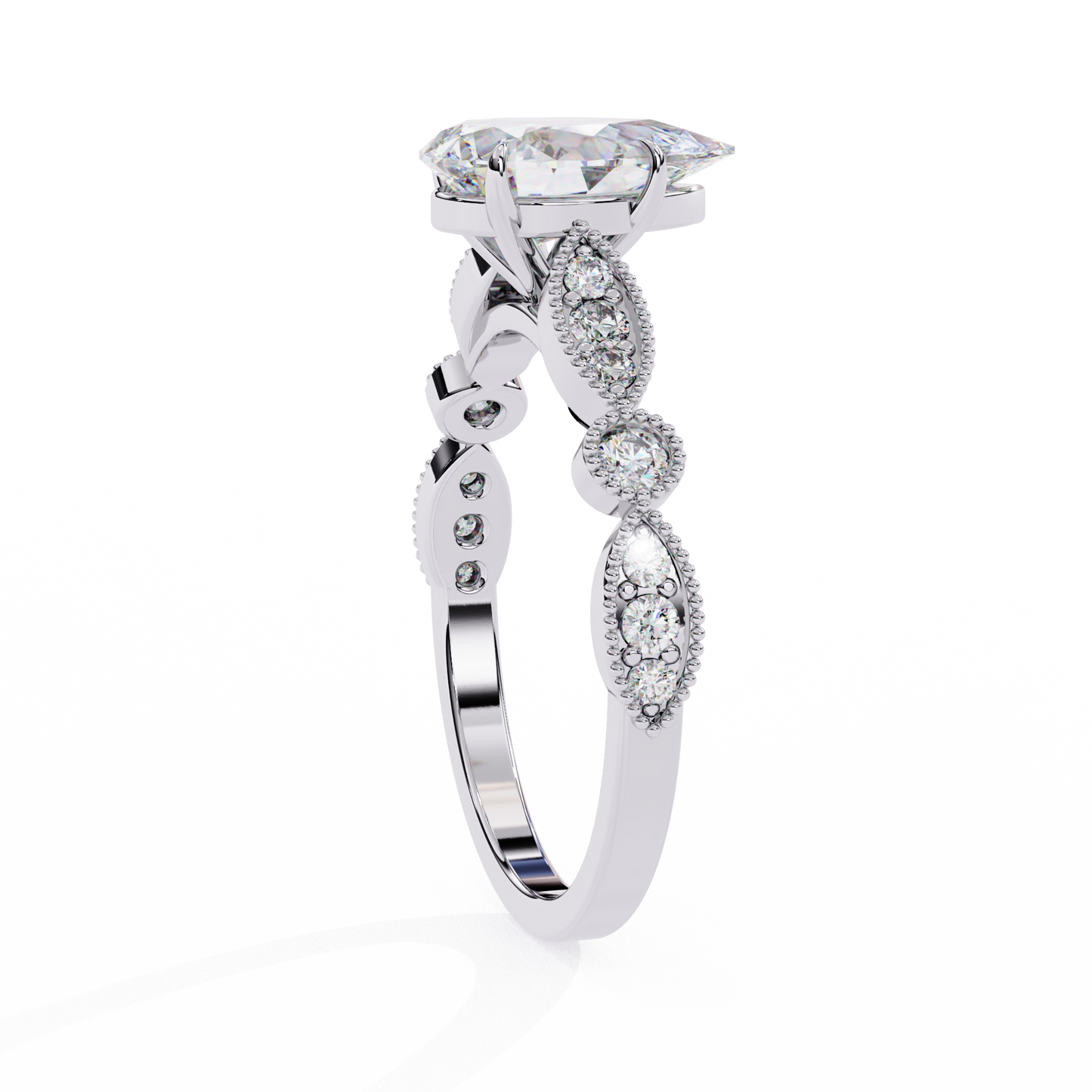 0.89 Carat Pear Cut Lab Grown Diamond Ring – Elegant Engagement Ring with Milgrain Marquise and Round Shaped Band- Lustraa’s Milgrain Ring