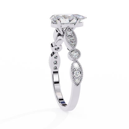 0.89 Carat Pear Cut Lab Grown Diamond Ring – Elegant Engagement Ring with Milgrain Marquise and Round Shaped Band- Lustraa’s Milgrain Ring
