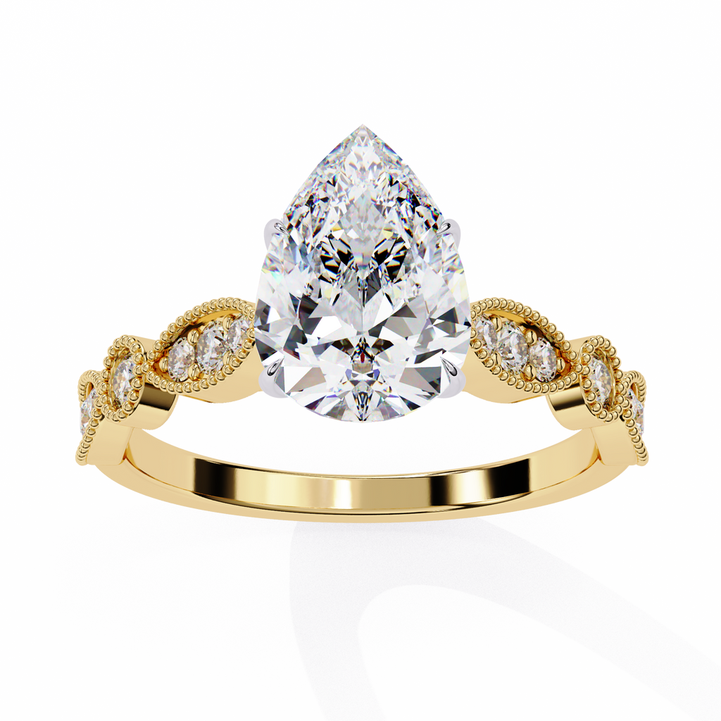 Pear Cut Lab Grown Diamond Engagement Ring – 0.89 CT Bridal Ring with Milgrain Marquise and Round Band- Lustraa’s Milgrain Ring