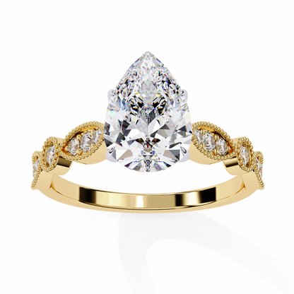 0.89 Carat Pear Cut Lab Grown Diamond Ring – Elegant Engagement Ring with Milgrain Marquise and Round Shaped Band- Lustraa’s Milgrain Ring