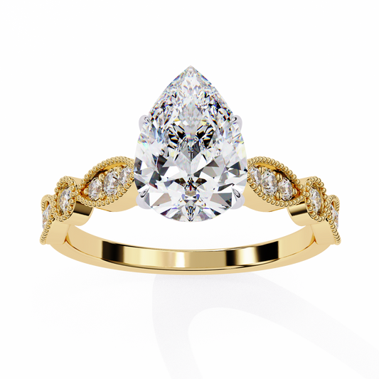 0.89 Carat Pear Cut Lab Grown Diamond Ring – Elegant Engagement Ring with Milgrain Marquise and Round Shaped Band- Lustraa’s Milgrain Ring