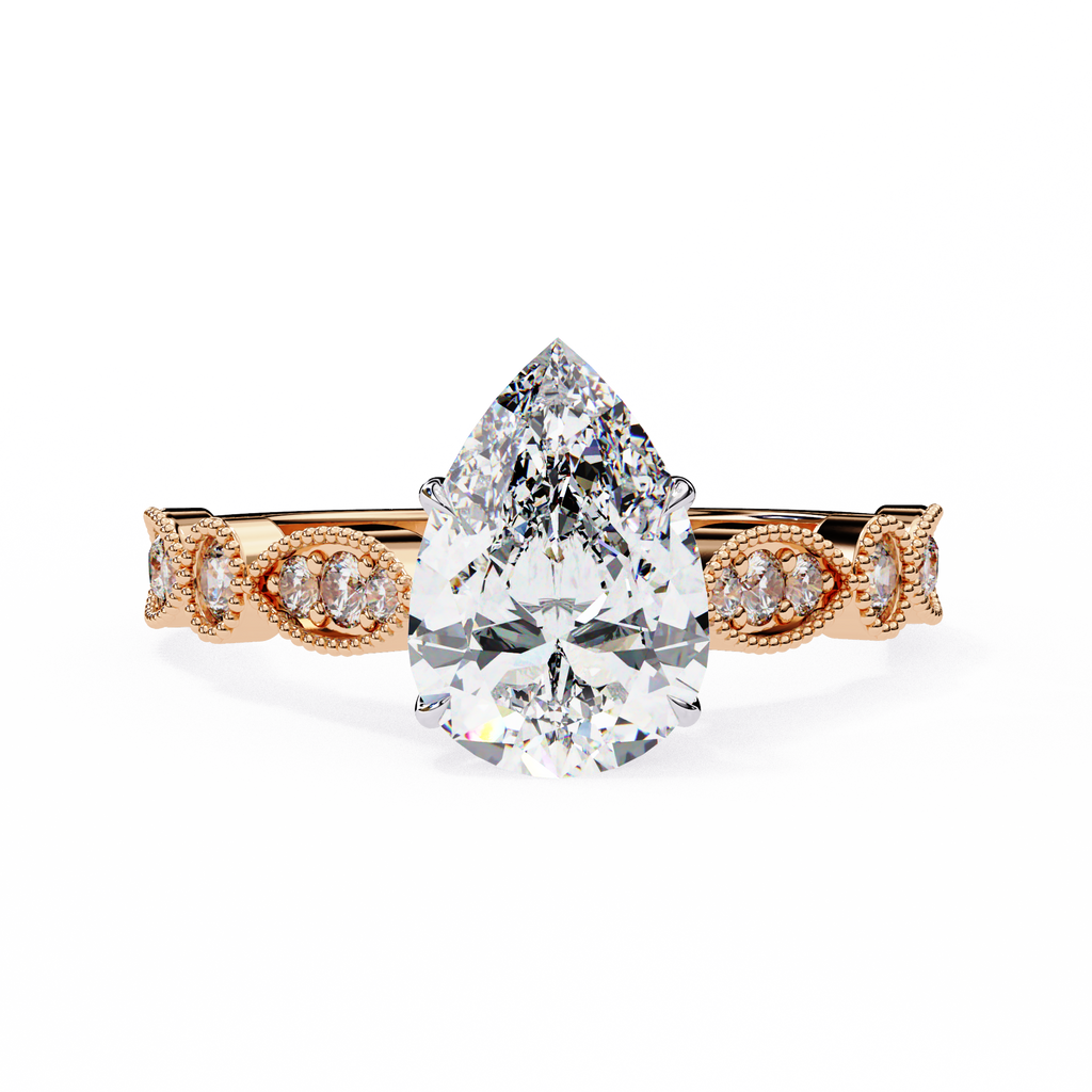 Pear Cut Lab Grown Diamond Engagement Ring – 0.89 CT Bridal Ring with Milgrain Marquise and Round Band- Lustraa’s Milgrain Ring