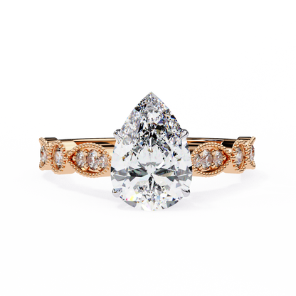 0.89 Carat Pear Cut Lab Grown Diamond Ring – Elegant Engagement Ring with Milgrain Marquise and Round Shaped Band- Lustraa’s Milgrain Ring