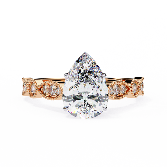 0.89 Carat Pear Cut Lab Grown Diamond Ring – Elegant Engagement Ring with Milgrain Marquise and Round Shaped Band- Lustraa’s Milgrain Ring