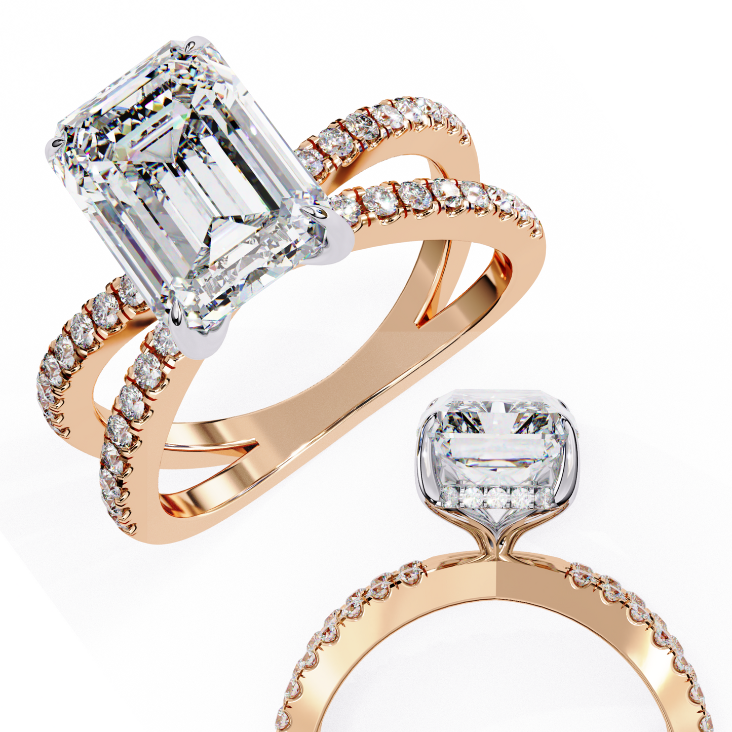 2.56 Carat Emerald Cut Diamond Engagement Ring – Hidden Halo Criss Cross Band Lab Grown Diamond Ring - Lustraa’s Criss Cross Ring
